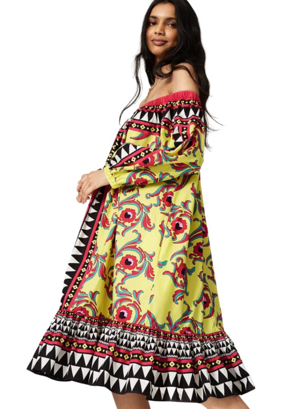 La DoubleJ Paloma Dress – Cherry Paisley & Mod Geo Print Off-Shoulder Shift XS-L - Picture 3 of 10